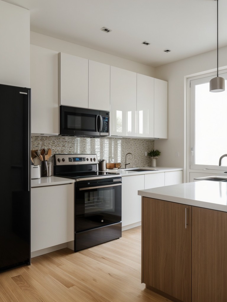 Embracing minimalist design in small apartment kitchens with sleek, handle-less cabinets, hidden appliances, and streamlined countertops.