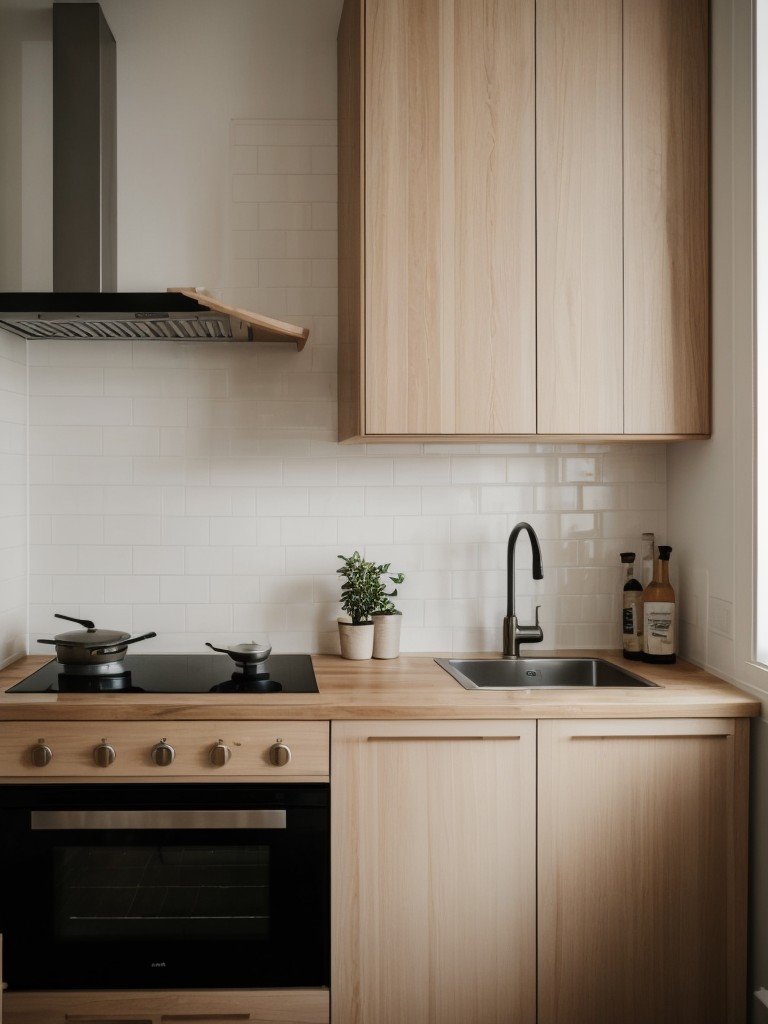 Embracing a Scandinavian design aesthetic in small apartment kitchens, featuring light wood tones, minimalistic decor, and cozy accents.