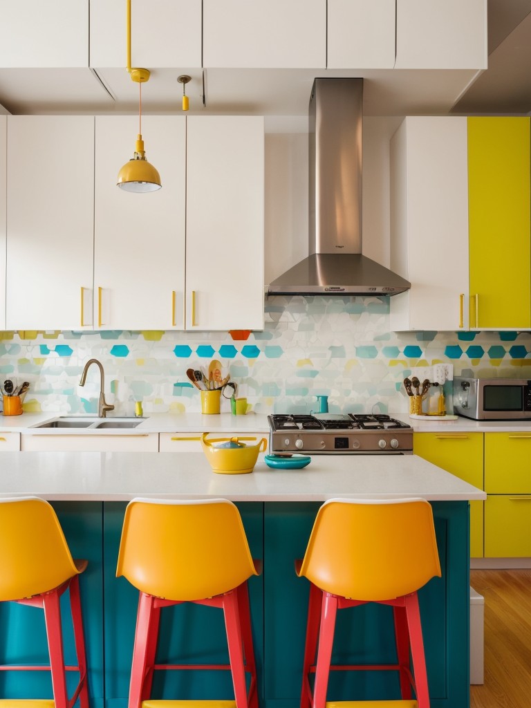 Incorporating vibrant pops of color in small apartment kitchens through colorful backsplashes, accent chairs, and vibrant accessories.