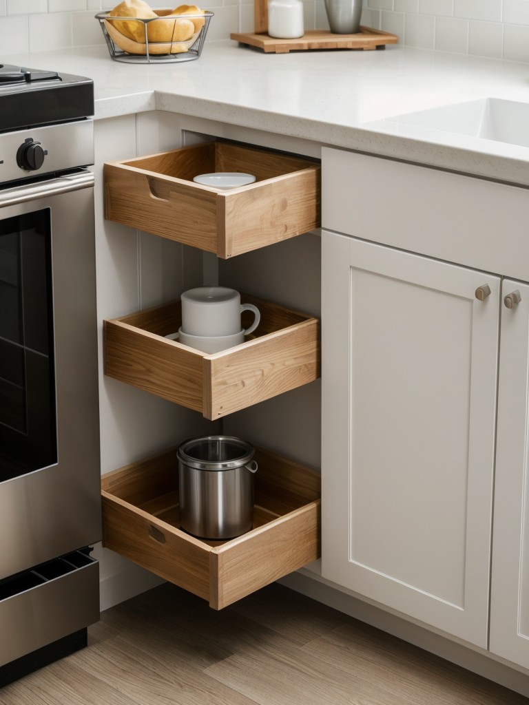 Making the most of corners in small apartment kitchens by installing corner sink units, corner storage solutions, and rotating shelves.