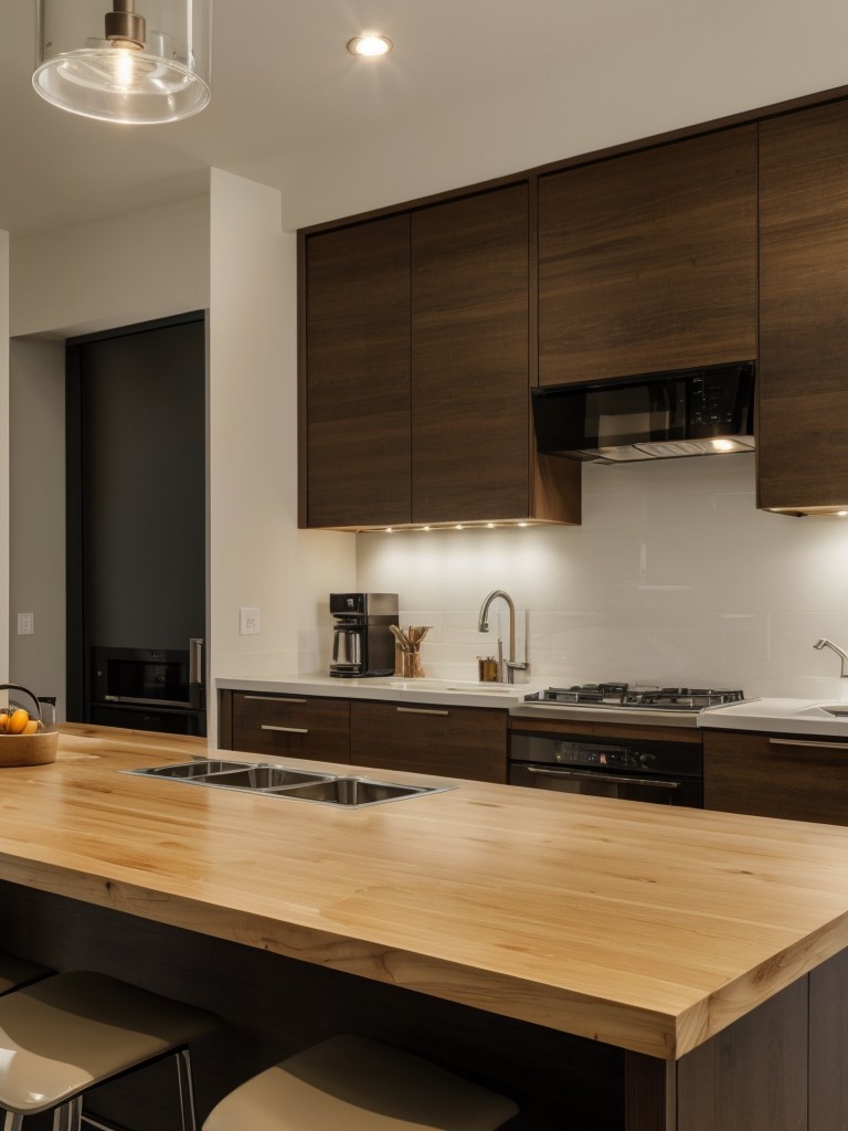Mixing materials in small apartment kitchens, such as combining wood and glass countertops, to add visual interest and create depth.