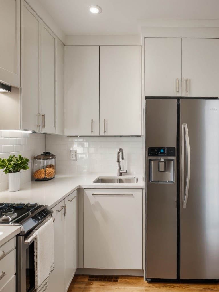 Small apartment kitchen ideas showcasing smart appliances and technology, such as touchless faucets, compact dishwashers, and smart refrigerators.