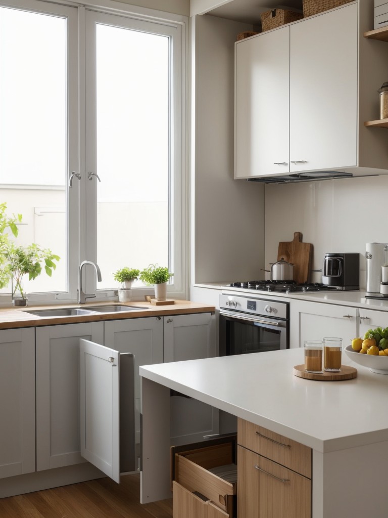 Space-saving kitchen solutions for small apartments, including compact appliances, foldable tables, and smart storage solutions.