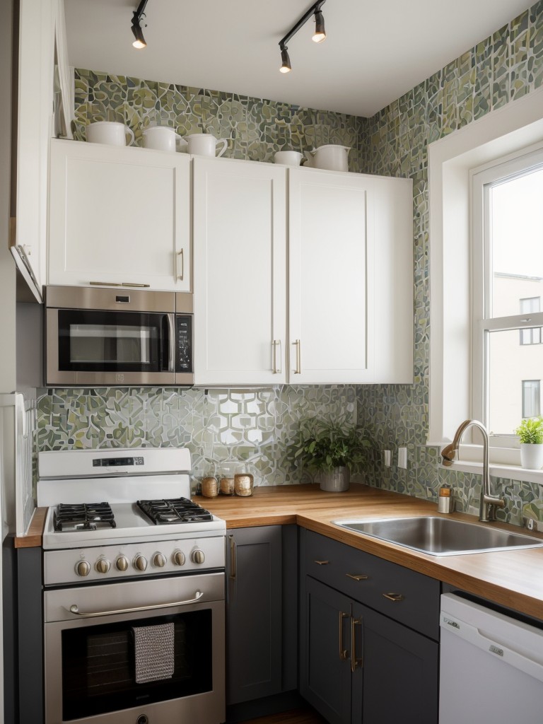 Using bold wallpaper or tile patterns in small apartment kitchens to add visual interest and make a statement in a limited space.