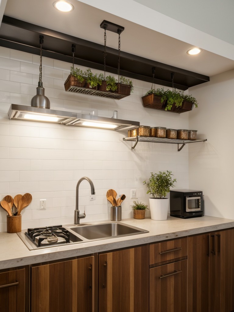 Utilizing overhead space in small apartment kitchens with ceiling-mounted pot racks, hanging planters, and pendant lighting.