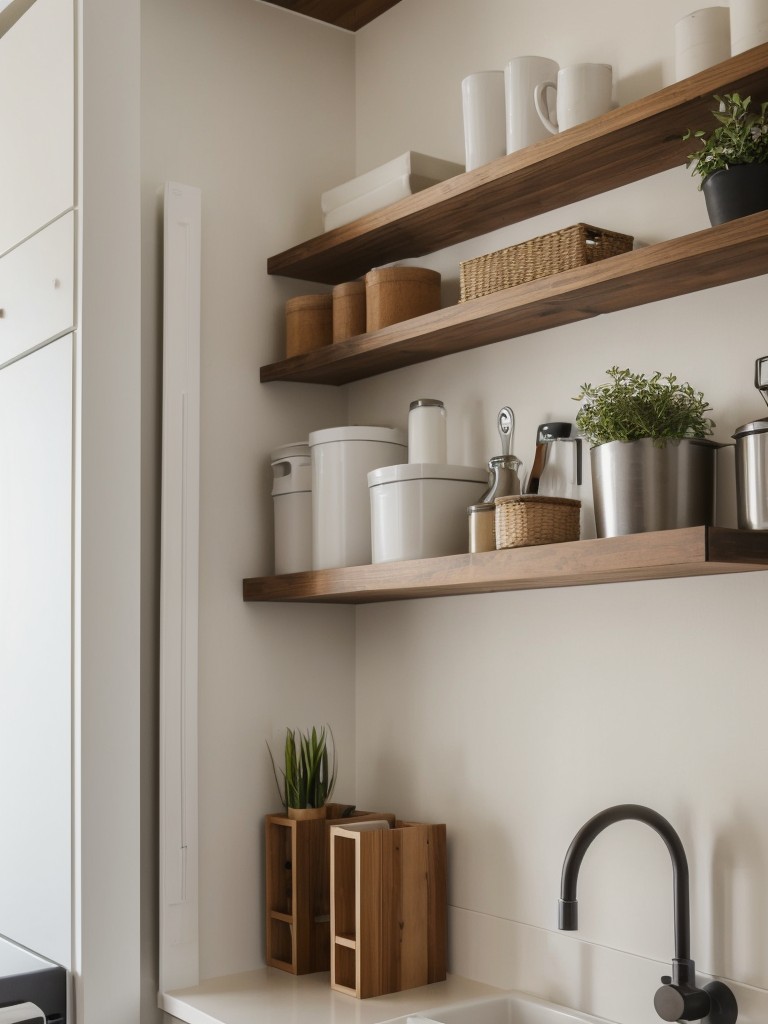 Utilizing vertical space in small apartment kitchens with wall-mounted shelves, hanging pots, and magnetic knife strips.