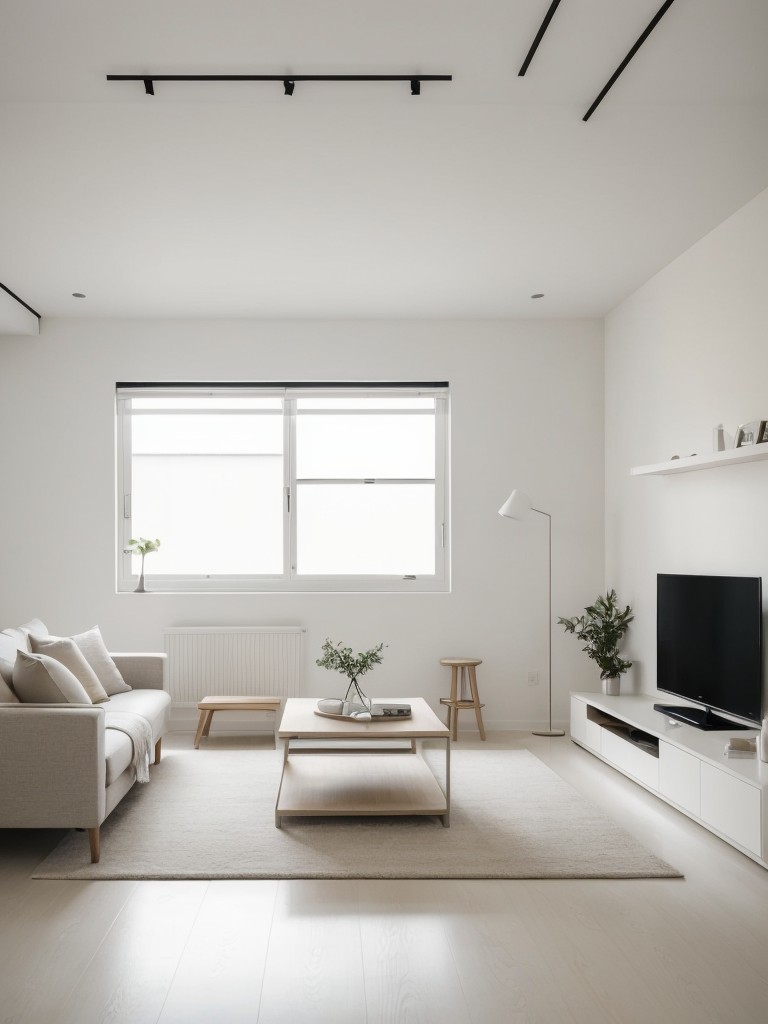 Create a minimalist apartment with clean lines and neutral tones for a serene and uncluttered living space.