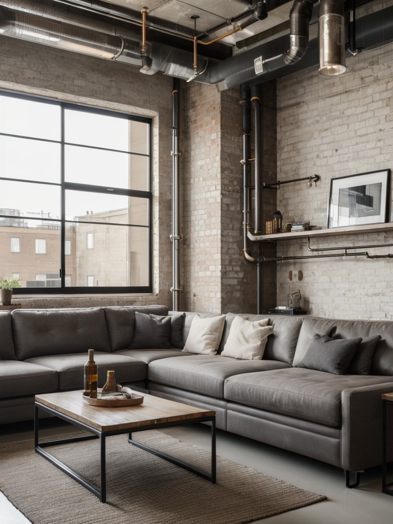 Embrace an industrial apartment design by showcasing exposed pipes and incorporating sleek metal accents throughout the space.