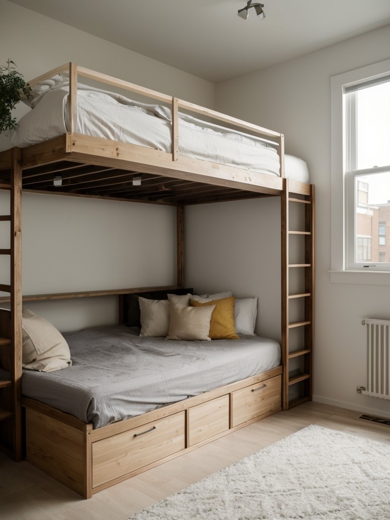 Incorporate a loft bed with built-in storage solutions for a practical and efficient small apartment design.