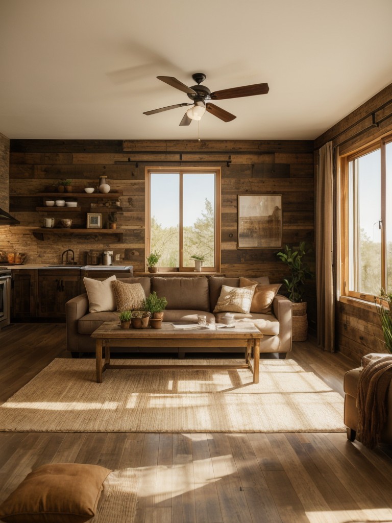 Use earthy color palettes and warm lighting to enhance the rustic atmosphere in your apartment.