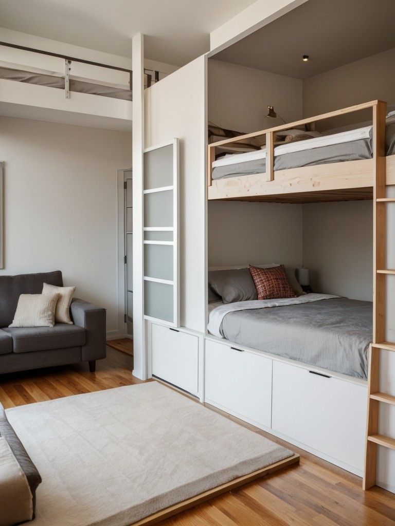 Utilize vertical space with a loft bed to maximize floor space in a small apartment.