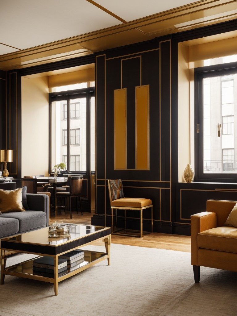 Art deco loft apartment with geometric design elements, bold colors, and luxurious finishes.