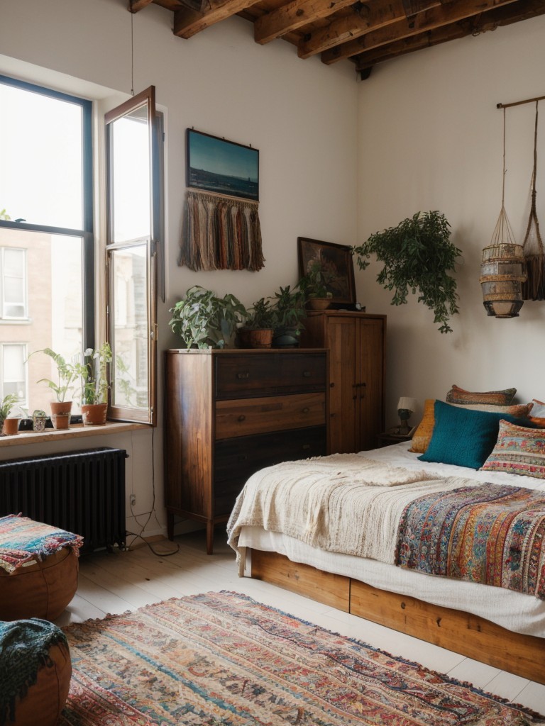 Bohemian loft apartment with eclectic decor, mix-and-match textiles, and a relaxed, free-spirited vibe.