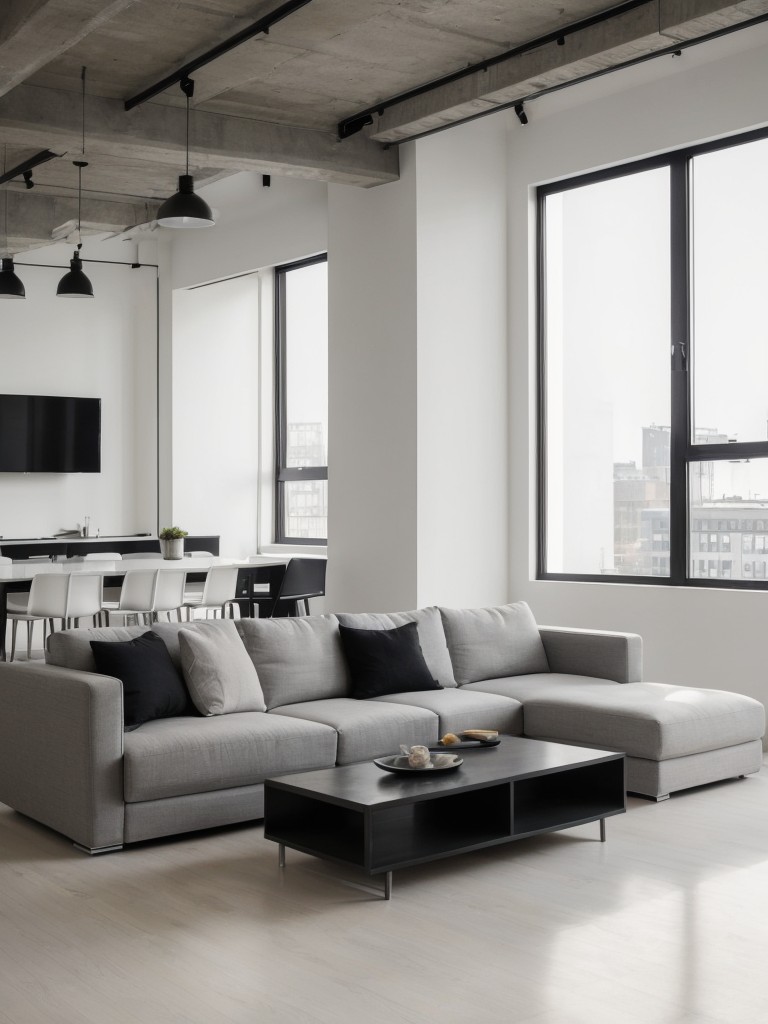 Contemporary loft apartment with clean lines, monochromatic color scheme, and minimalist furniture.