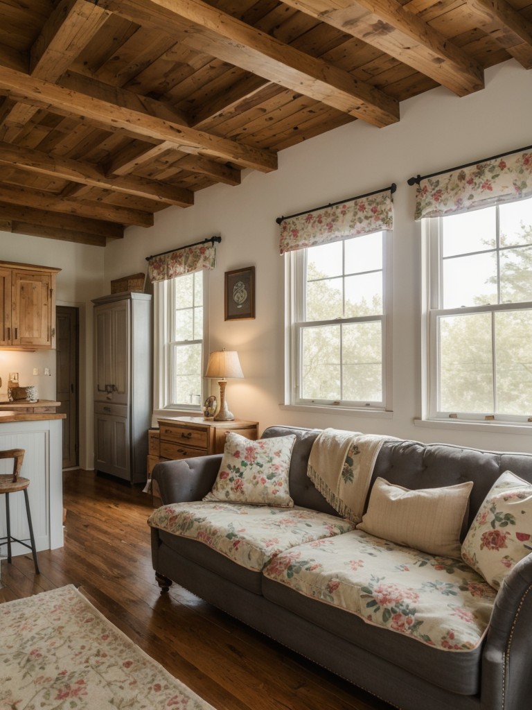 Country cottage loft apartment with charming decor, floral prints, and vintage accents.