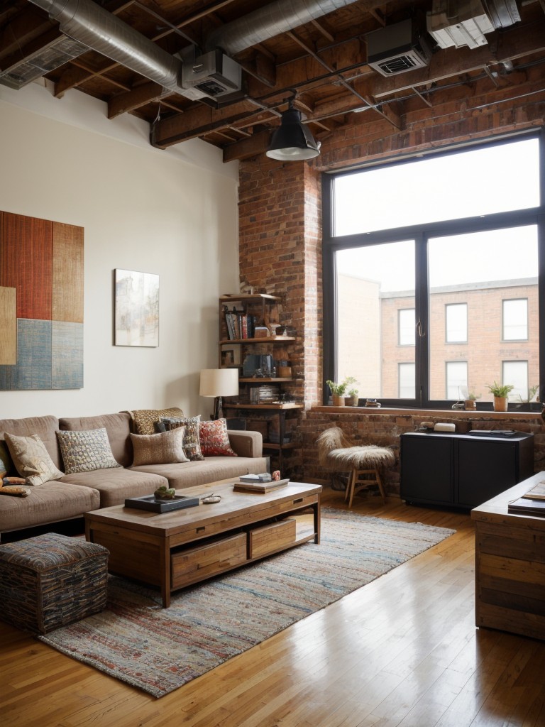 Eclectic loft apartment with an assortment of textures, patterns, and colors, creating a visually stimulating space.