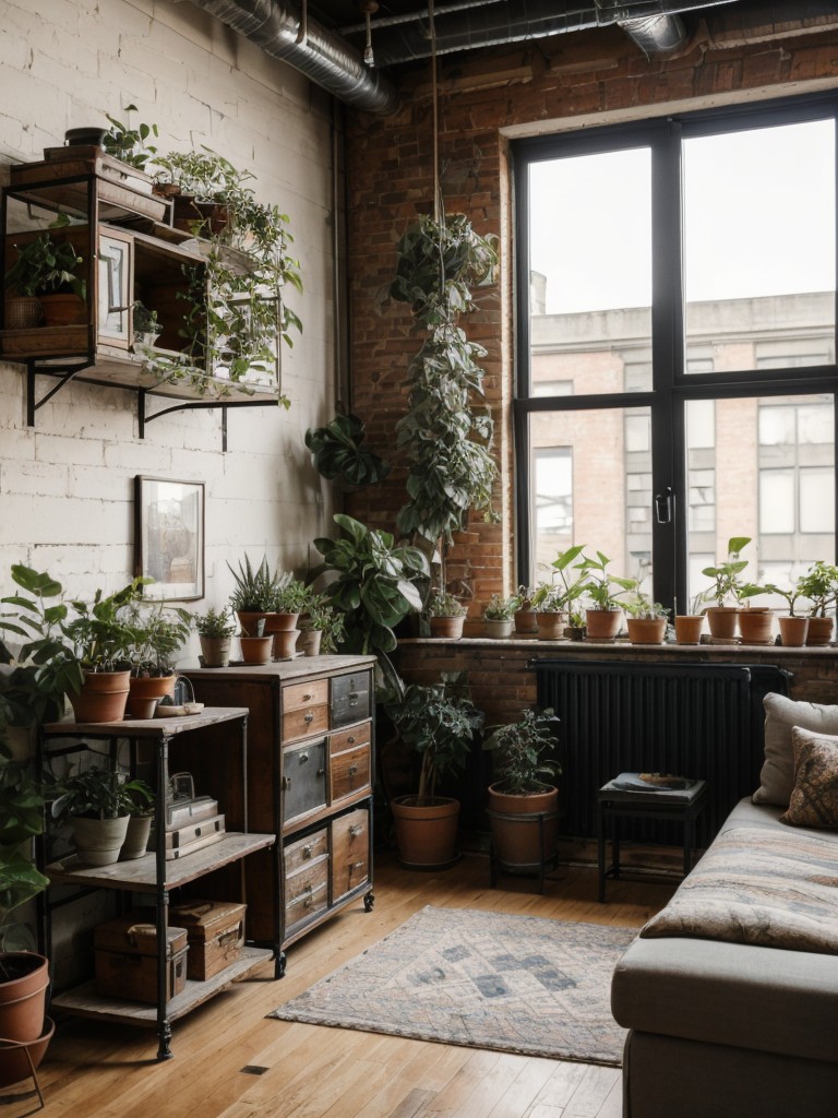 Industrial bohemian loft apartment with a mix of vintage furniture, plants, and textured fabrics.