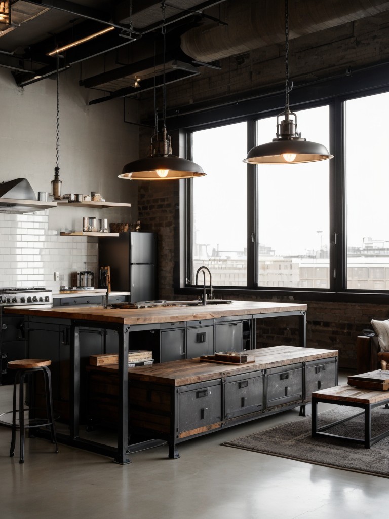 Industrial chic loft apartment with a mix of metal and wood elements, edgy lighting fixtures, and an open-concept layout.