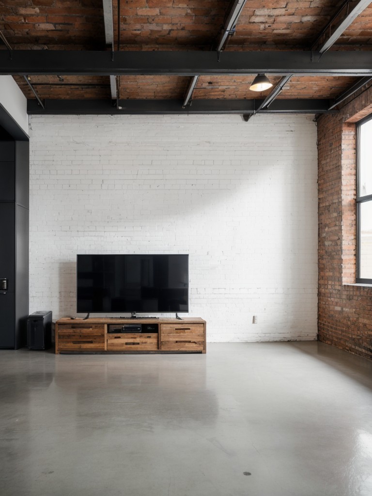 Industrial loft apartment with exposed brick walls, high ceilings, and minimalist furniture.