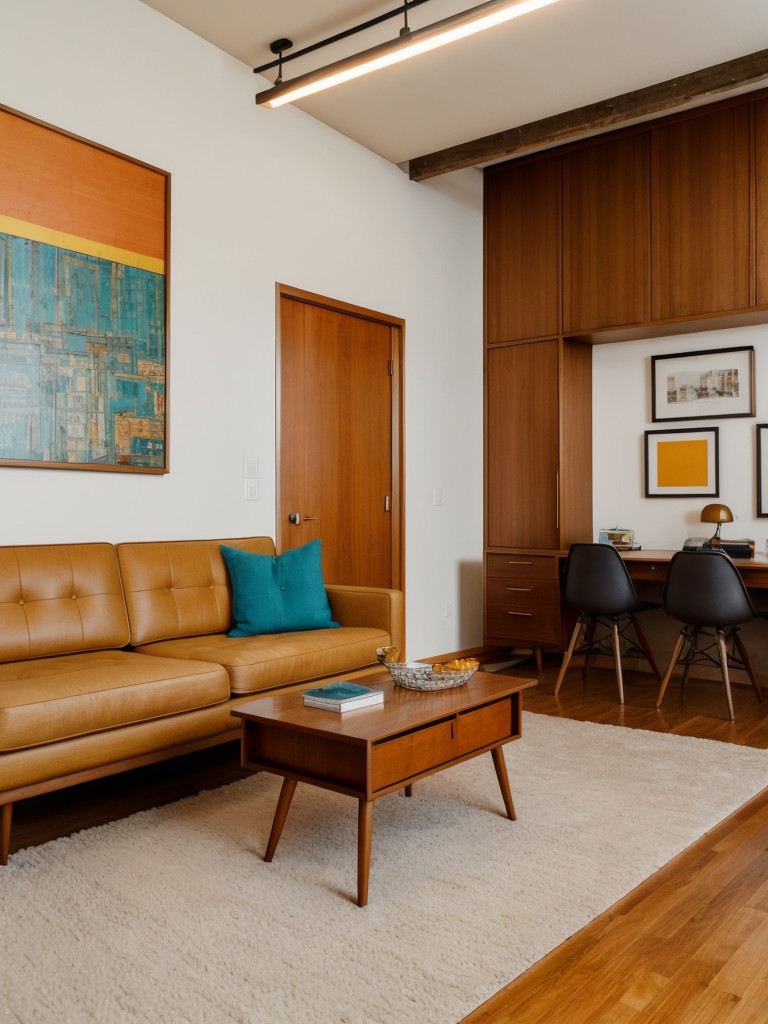 Mid-century modern loft apartment with iconic furniture pieces, bold patterns, and a retro color palette.