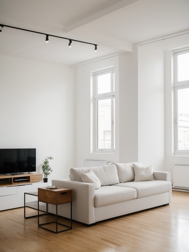 Minimalist loft apartment with white walls, sparse furniture, and an emphasis on functionality and simplicity.