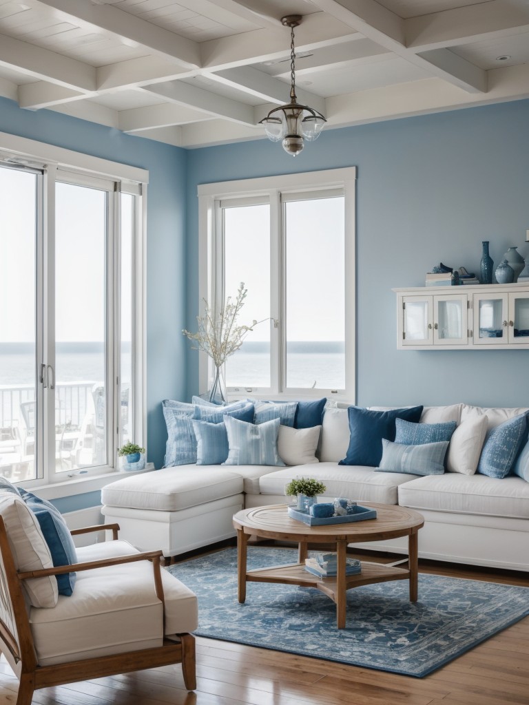 Nautical-inspired loft apartment with coastal decor, blue and white color scheme, and seaside accents.