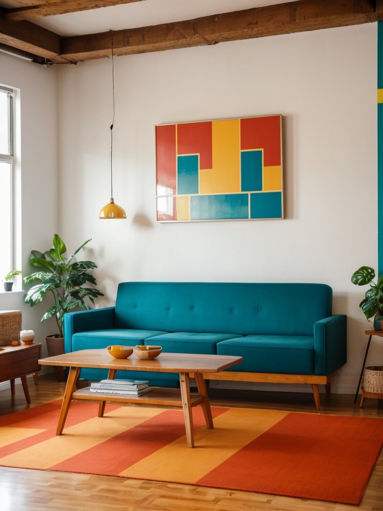 Retro-inspired loft apartment with vibrant colors, geometric patterns, and retro furniture pieces.