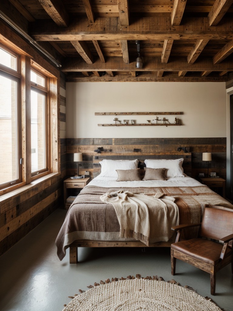 Rustic loft apartment with reclaimed wood accents, cozy textiles, and a warm color palette.