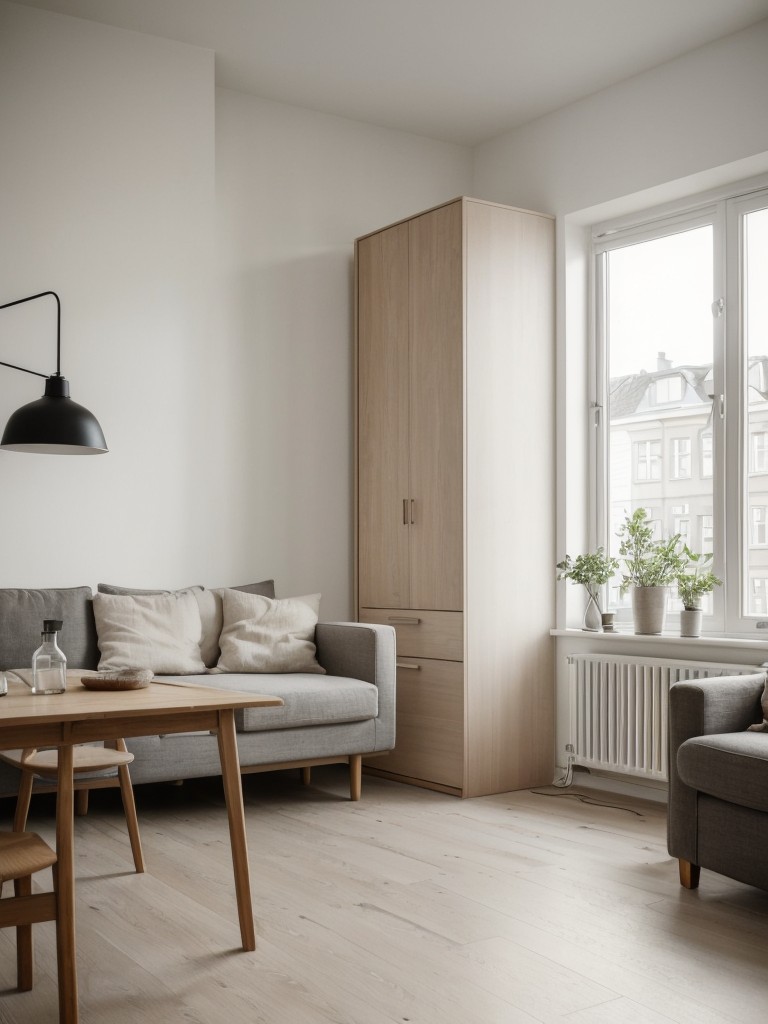 Scandinavian loft apartment with light wood furniture, neutral tones, and simple, functional design.