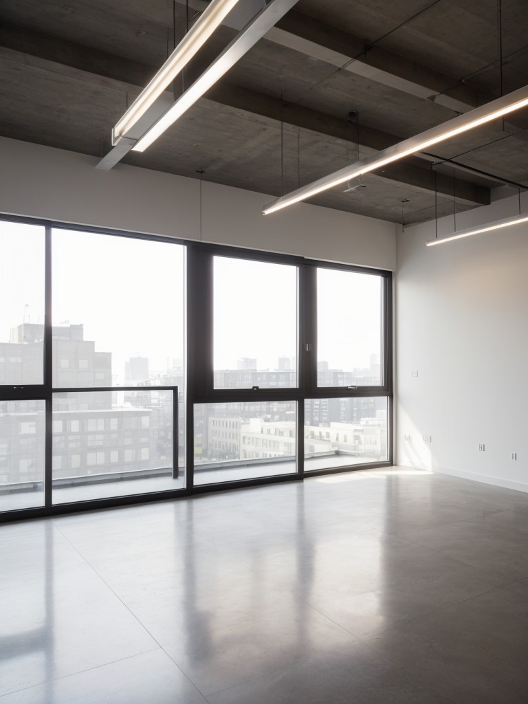 Urban loft apartment with sleek surfaces, open floor plan, and modern lighting fixtures.