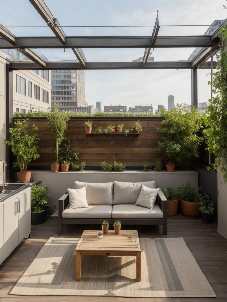 Urban oasis loft apartment with a rooftop garden, natural elements, and an open-air feel.