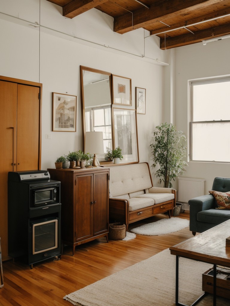 Vintage-inspired loft apartment with retro furniture, nostalgic accents, and vintage art pieces.