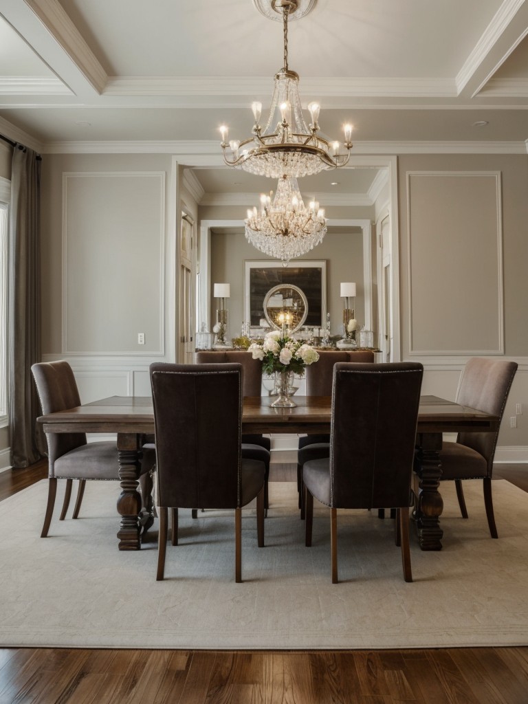 Create a grand dining space with an oversized dining table, elegant chairs, and a statement chandelier to impress guests.