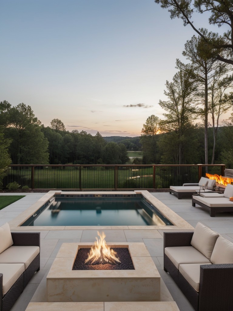 Design a private outdoor space, complete with a Jacuzzi, fire pit, and luxurious seating for entertaining and relaxation.