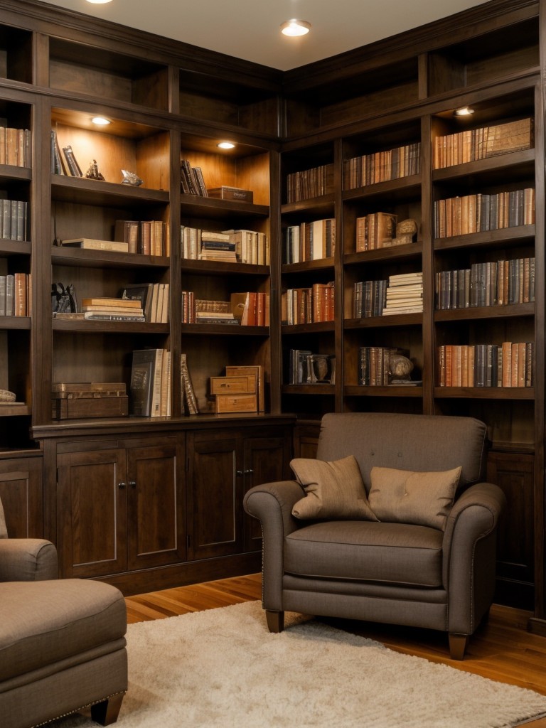 Bookworm's men's apartment design ideas showcasing a well-curated personal library, cozy reading nooks, and comfortable seating options for spending hours lost in books.