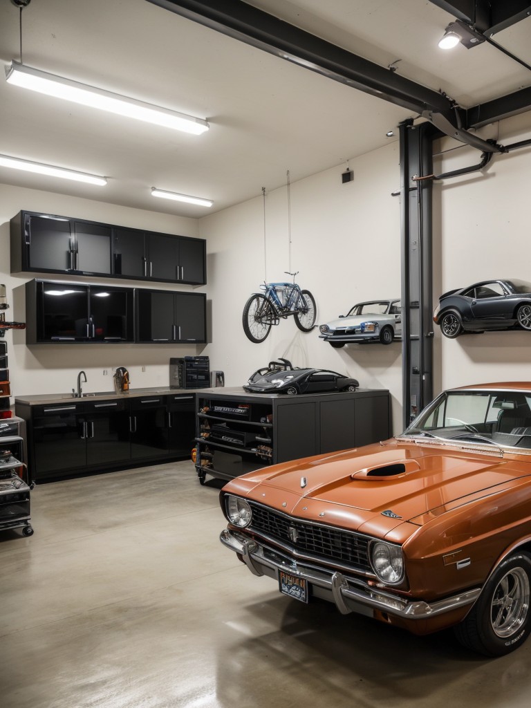 Car aficionado's men's apartment design ideas incorporating automotive-themed decor, car collection displays, and a home garage or workshop space for car maintenance.