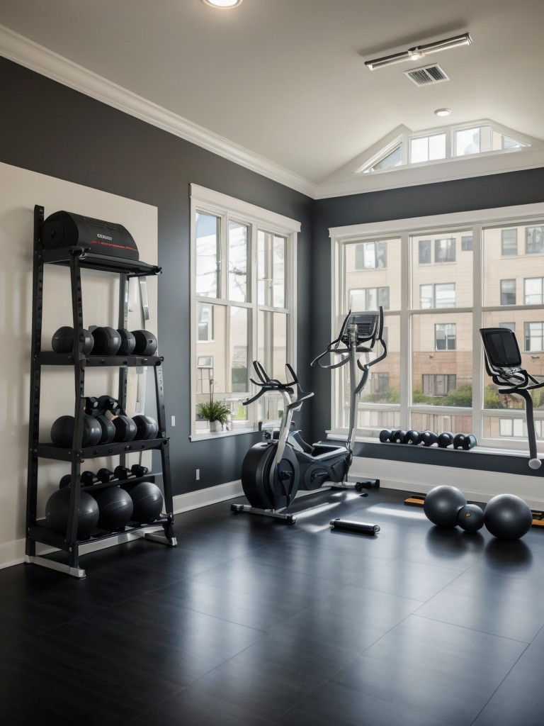 Fitness enthusiast's men's apartment design ideas featuring a home gym or a dedicated exercise area, along with storage solutions for fitness equipment and motivational wall decals.