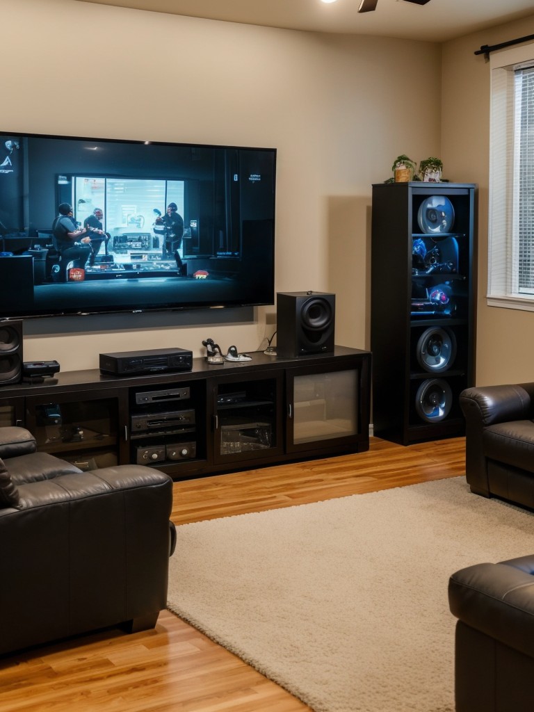 Gamer's men's apartment design ideas with a dedicated gaming room or a gaming setup in the living area, integrating comfortable seating, gaming consoles, and display setups for multiple screens.