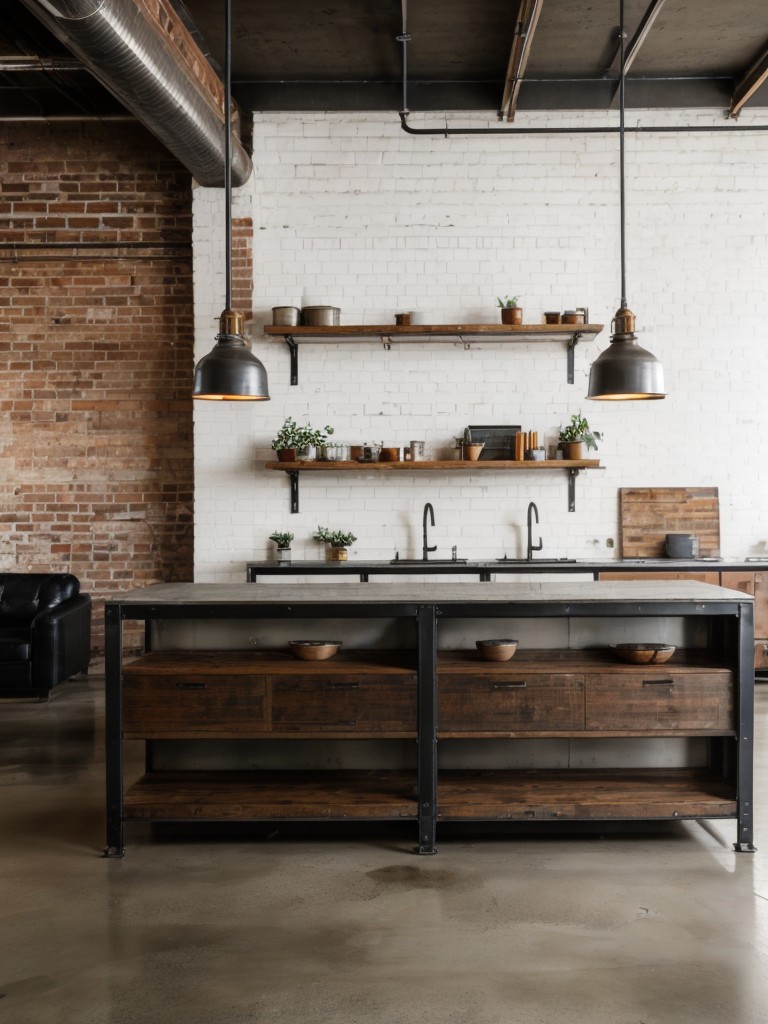 Industrial-inspired men's apartment design ideas featuring exposed brick walls, concrete floors, and metal accents, complemented with vintage furniture and vintage-inspired lighting fixtures.