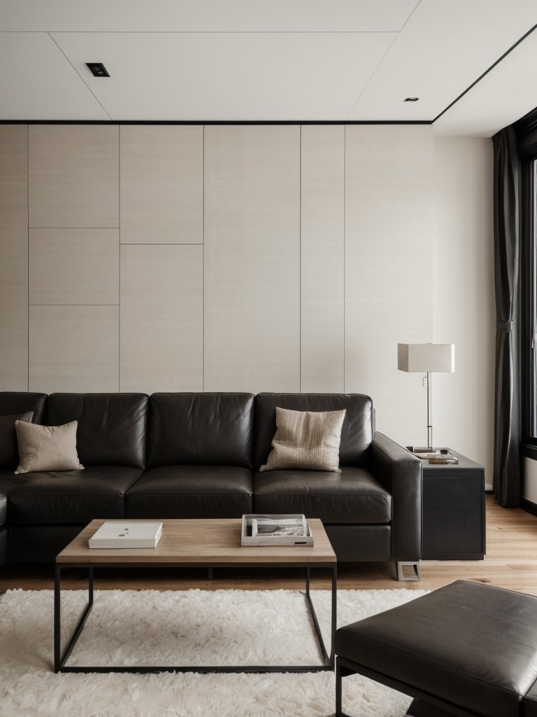 Masculine apartment design ideas with a neutral color palette, sleek furniture, and minimalistic decor, incorporating materials like leather, wood, and metal.