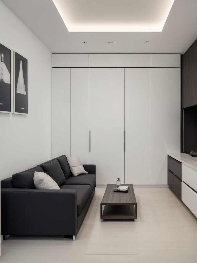 Minimalist men's apartment design ideas with a focus on functionality and clean lines, utilizing hidden storage solutions, sleek furniture, and a monochromatic color scheme.