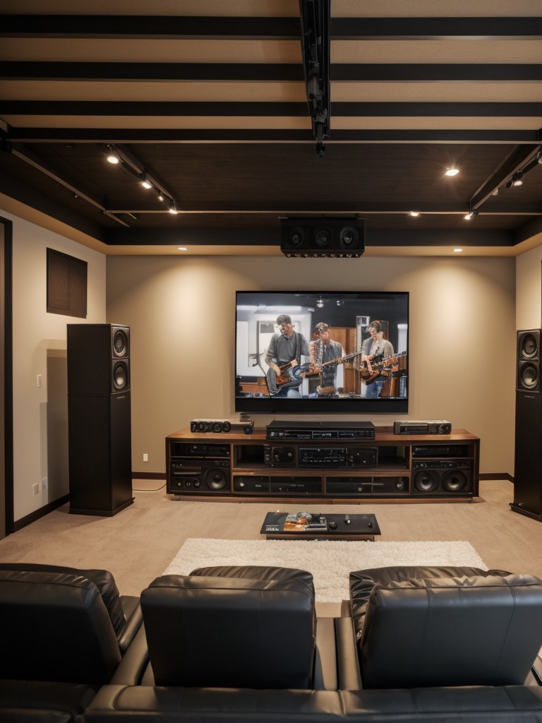 Music lover's men's apartment design ideas featuring a dedicated music studio or a home theater room, soundproofing elements, and wall-mounted displays for guitars or vinyl records.