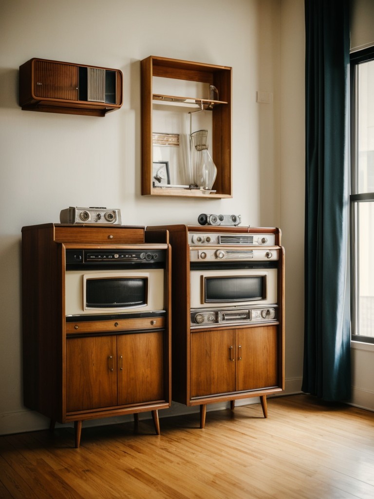 Retro-inspired men's apartment design ideas incorporating vintage furniture pieces, mid-century modern decor, and nostalgic accents like a classic jukebox or retro game consoles.