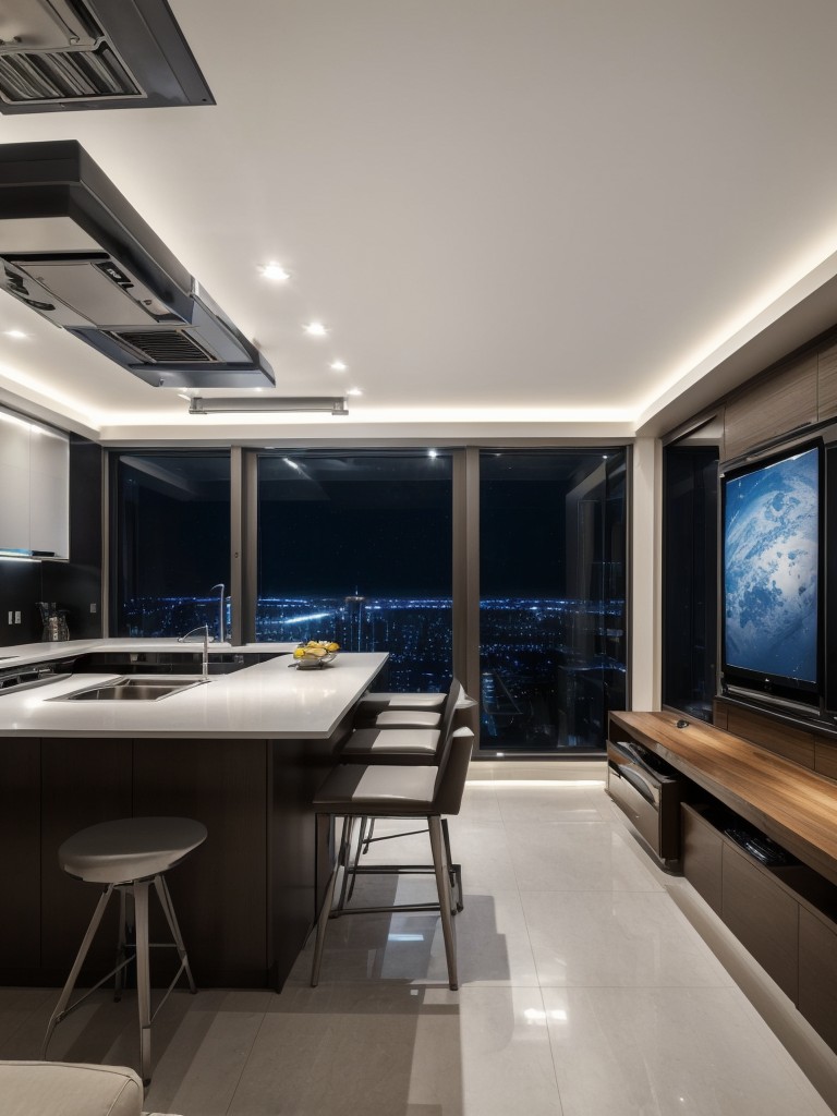 Sci-fi lover's men's apartment design ideas with futuristic and space-themed decor, incorporating elements like illuminated LED lighting, spaceship-inspired furniture, and wall murals.