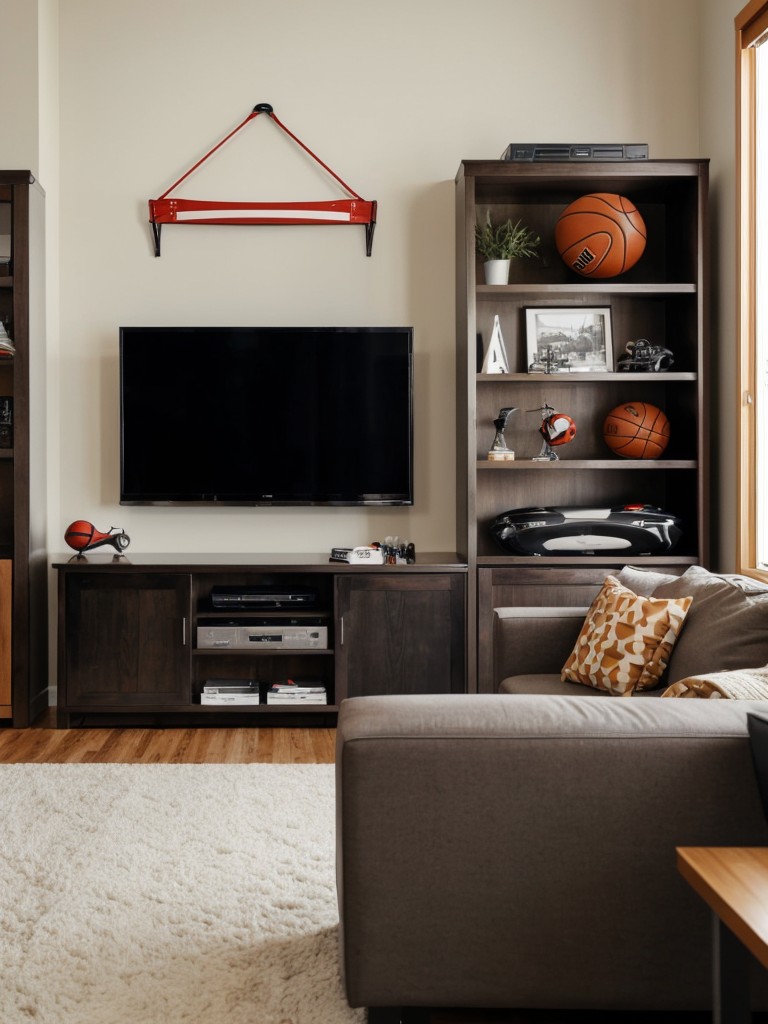 Sports-themed men's apartment design ideas showcasing memorabilia and sports equipment as decor, with a focus on comfortable seating options and a home entertainment system.