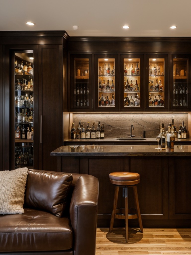 Whisky connoisseur's men's apartment design ideas incorporating a home bar, whisky storage/display unit, and a sophisticated lounge area with plush seating and a fireplace.