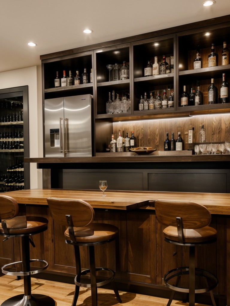 Creating a dedicated home bar area in a bachelor apartment, with stylish bar stools, a wine fridge, and storage for glassware and liquor bottles.