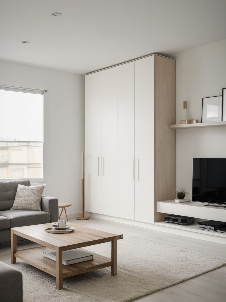 Creating a minimalist design scheme for a bachelor apartment, with clean lines, neutral colors, and a clutter-free layout to promote a calm and organized living environment.