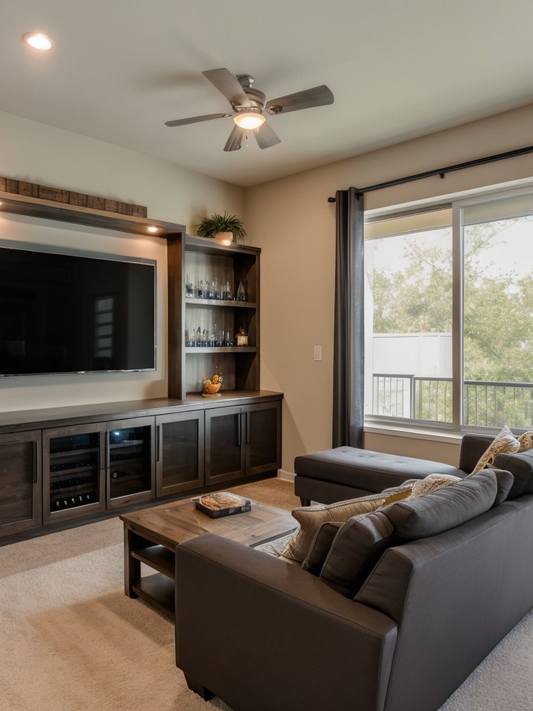 Creating a relaxing and inviting entertainment area in a bachelor apartment, featuring comfortable seating, a designated media center, and a small bar or beverage station.