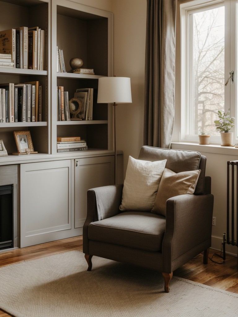 Designing a cozy reading nook within a bachelor apartment, with a comfortable armchair, soft lighting, and bookshelves showcasing a personal collection.